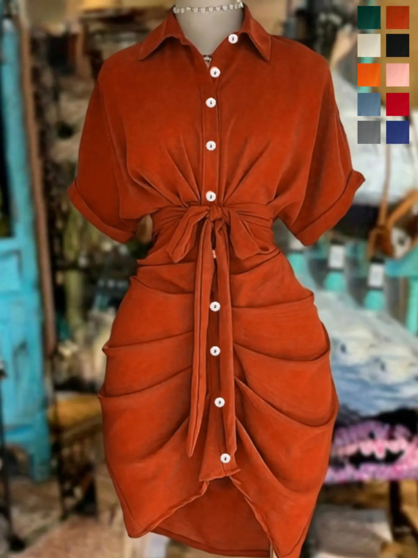 Women's Lapel Single-Breasted Belted Waist Short Sleeve Shirt Dress, Summer Fashion Casual Wear, Stylish Chic Women's Clothing