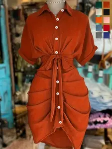 Women's Lapel Single-Breasted Belted Waist Short Sleeve Shirt Dress, Summer Fashion Casual Wear, Stylish Chic Women's Clothing