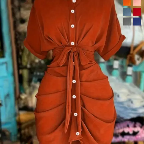 Women's Lapel Single-Breasted Belted-Waist Short Sleeve Ruched Shirt Dress, Casual Wear for Summer