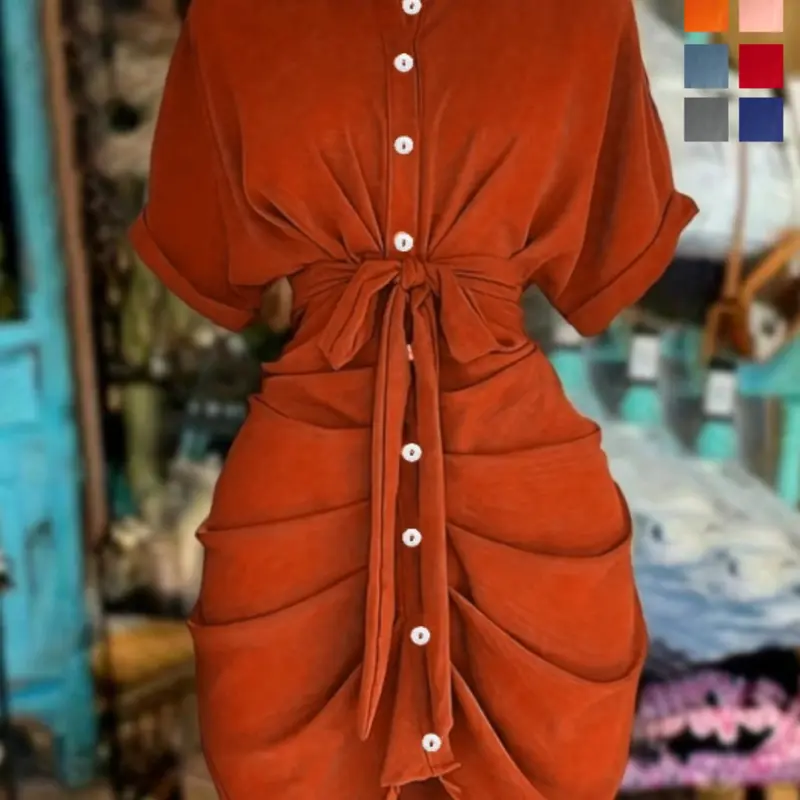 Women's Lapel Single-Breasted Belted-Waist Short Sleeve Ruched Shirt Dress, Casual Wear for Summer