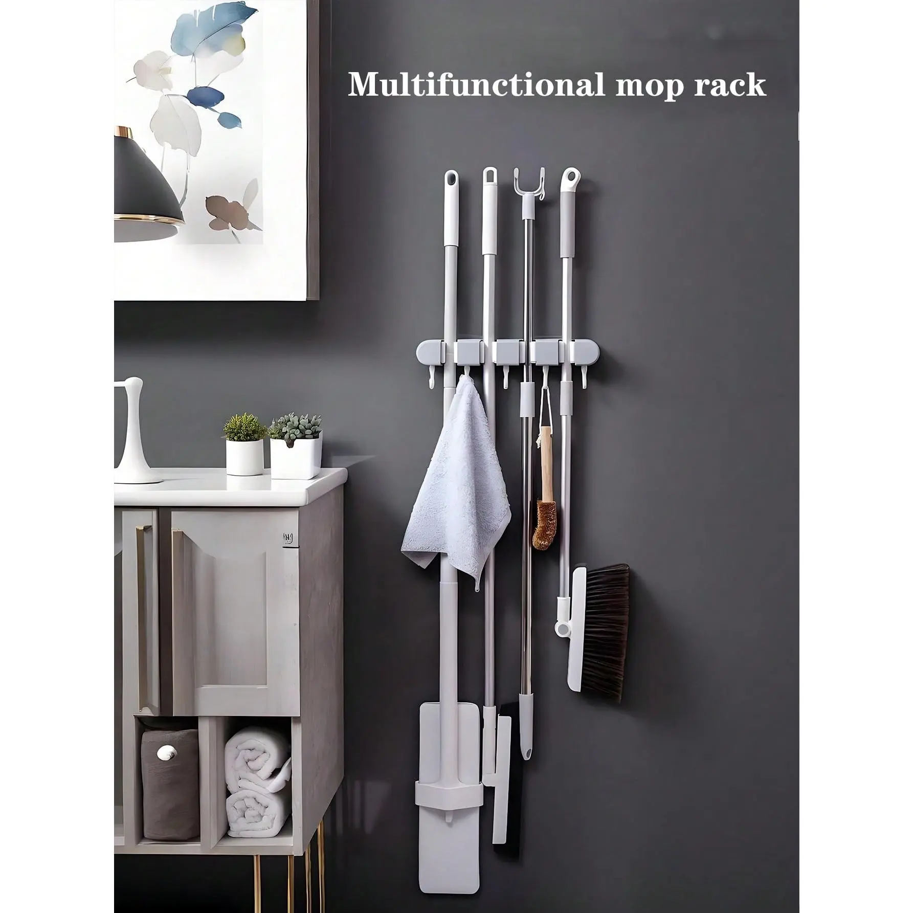 Multi-Purpose Adjustable Silicone Wall-Mounted Broom Mop Holder Organizer Rack - 1PC, 4 Shelves, 5 Hooks for Home Laundry Bathroom Daily Storage (White, Gray)