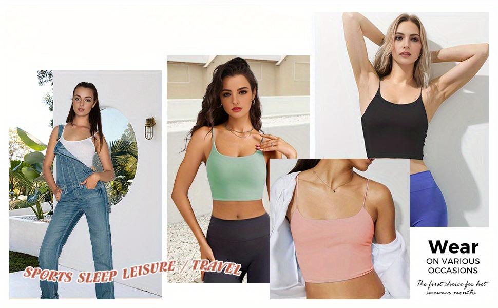 Women's 2-Pack Stretchy Cropped Cami Tops-Spaghetti Strap, Sleeveless, Short, Leak-Proof Camisole, Minimalist Basic Casual Summer Daily Wear