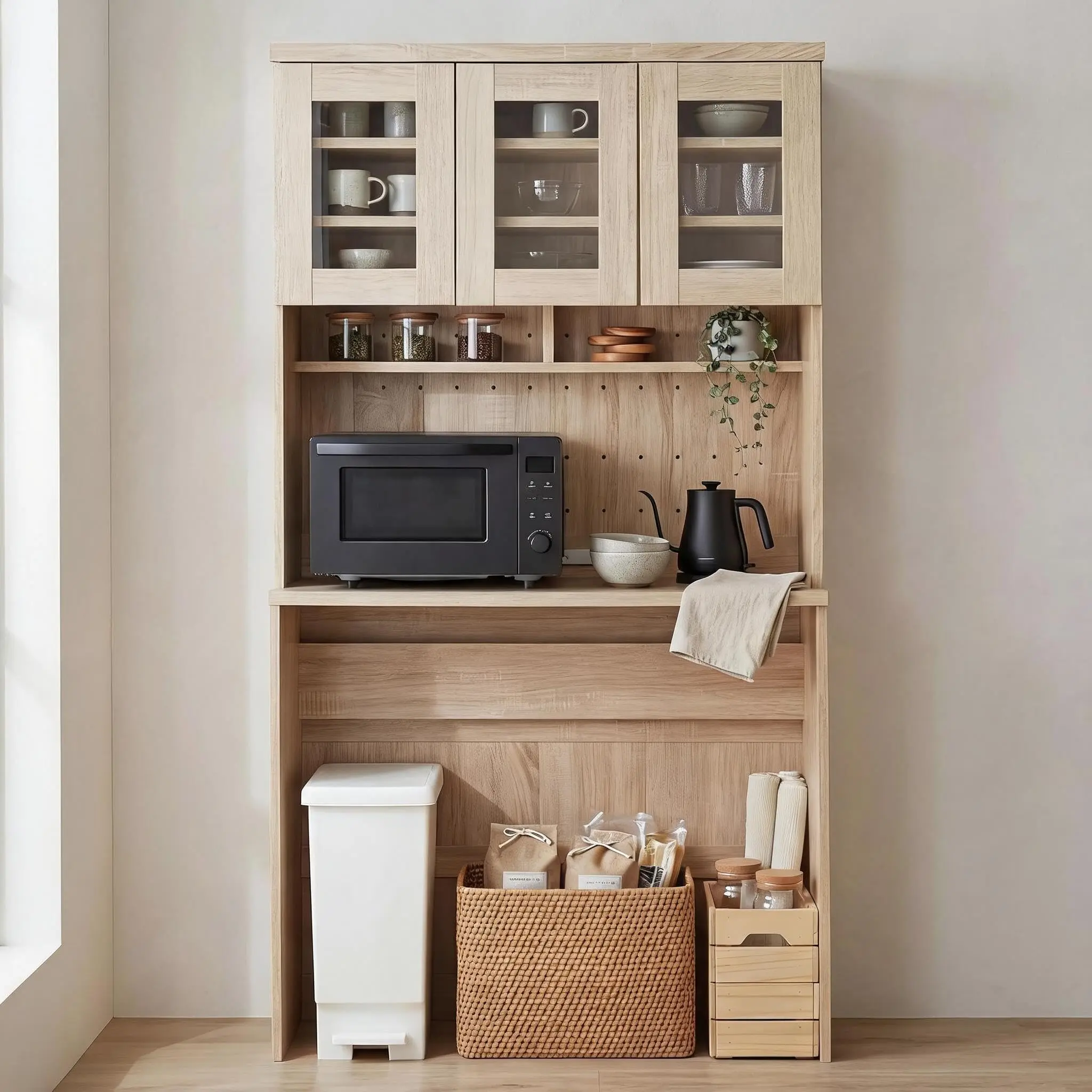 71" Kitchen Pantry Cabinet with Trash Can Storage, Microwave Stand & Slide-Out Shelf, Tempered Glass Door Hutch with Adjustable Shelves