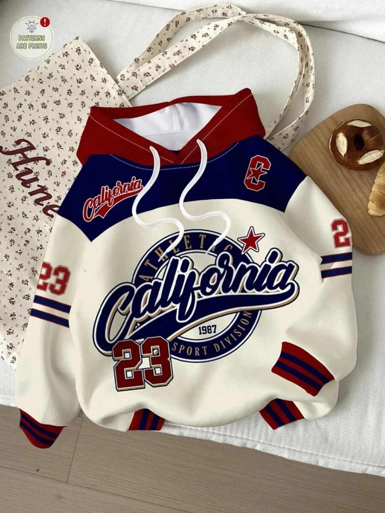 American Vintage Patchwork Hoodie Women, College Style California Letter Print, Loose Fit Oversize Trendy Hooded Sweatshirt Top