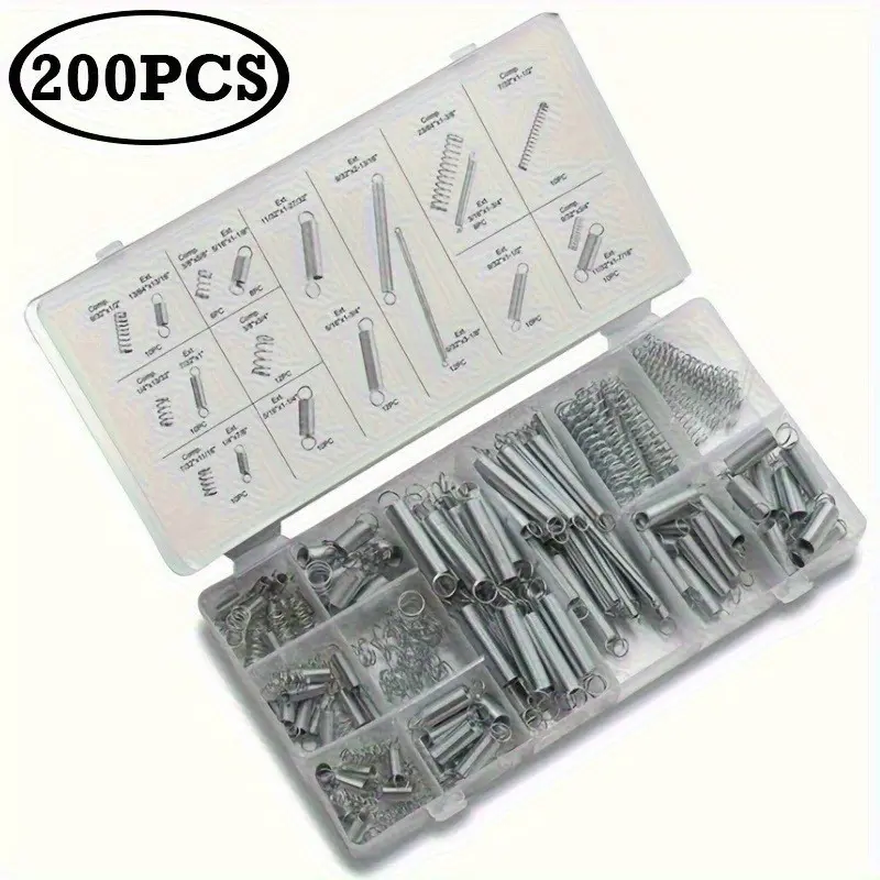 Set of 200 Metal Steel Springs Compression and Extension Components, Series of Hardware Accessories, Portable Plastic Tool Box