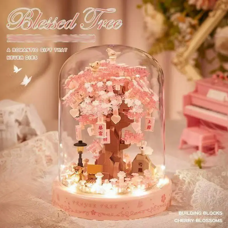 High-Quality Preserved Flower Building Blocks, Cherry Blossom Decor, Wish Tree, Good Luck, Home Decoration, Romantic Atmosphere, Dust Cover Included