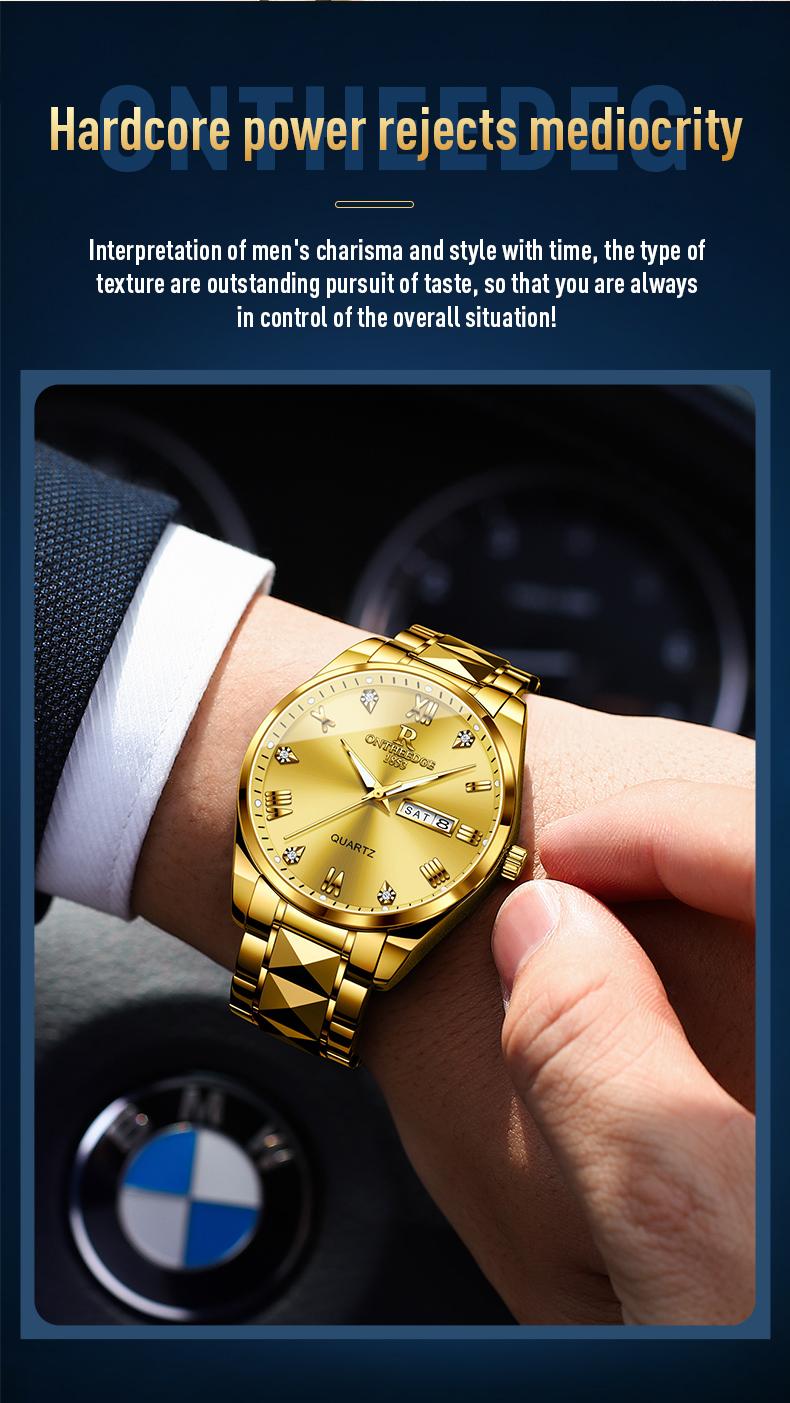 Men's Luxury Gold Tone Quartz Watch - Stainless Steel Wristwatch with Day & Date Calendar, Crystal Diamond Accents, Roman Numerals, Elegant Business Dress Watch, Perfect Gift for Husband Dad