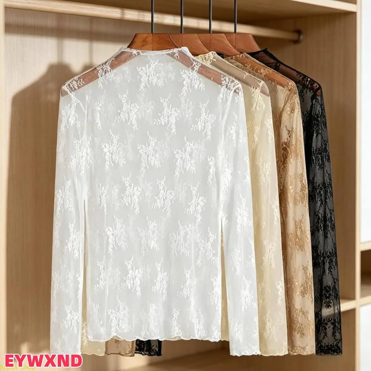 3-Pack Tops for Women (Black, White & Coffee), Sheer Floral Embroidered Lace Long Sleeve Mock Neck Blouse, See Through Mesh Layering Top, Y2K Elegant Lace Undershirt, Hollow Out Floral Lace Shirt, Casual Sheer Cover Up, Slim Fit Long Sleeve Lace Blouse tr