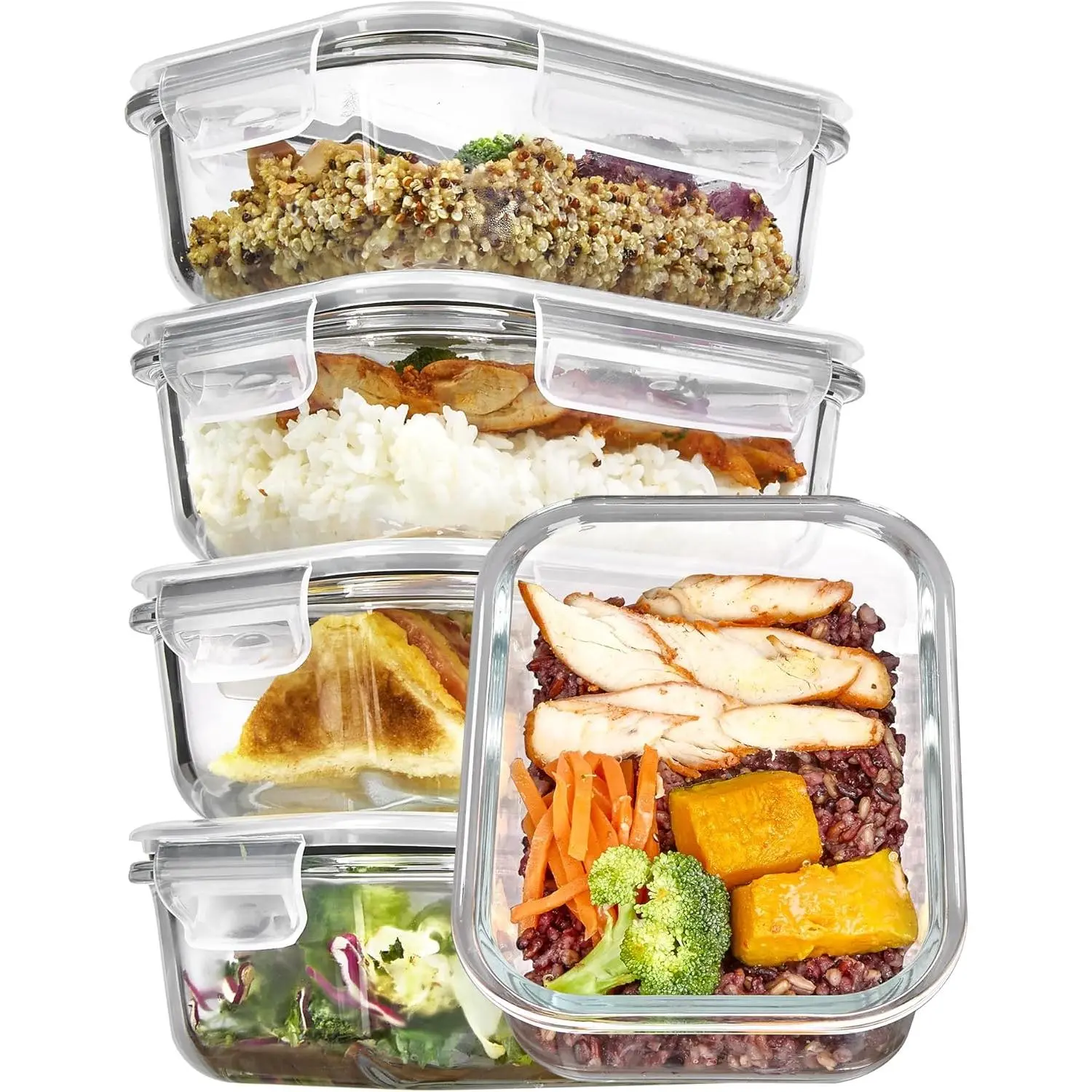 5Pack 22oz Glass Storage Containers with Lids, Glass Meal Prep Food Container Sets with Snap Airtight Lids for Microwave, Oven, Freezer and Dishwasher, Grey