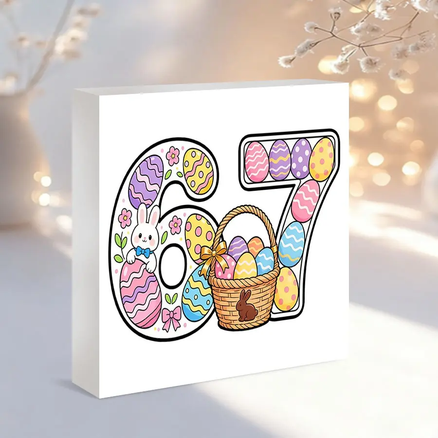 1 PC Easter "6 7" Square PVC Ornaments, Cartoon Egg Basket Rabbit Desktop Sign, Easter Gift For Relatives And Friends, Suitable For Home Office Children'S Room Bedroom Decoration, Holiday Party Atmosphere Decoration