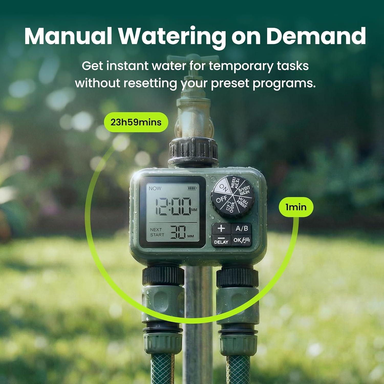 Sprinkler Timer for Garden Hose, Programmable 1 or 2 Outlet Controller with Self-Cleaning Valve, 15-Day Frequency, Large Dial, Rain Delay & Auto-Off, IPX5