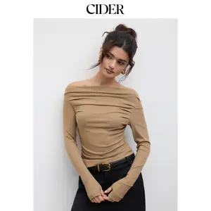 Cider Solid Asymmetrical Neck Long Sleeve Top Dealsforyou