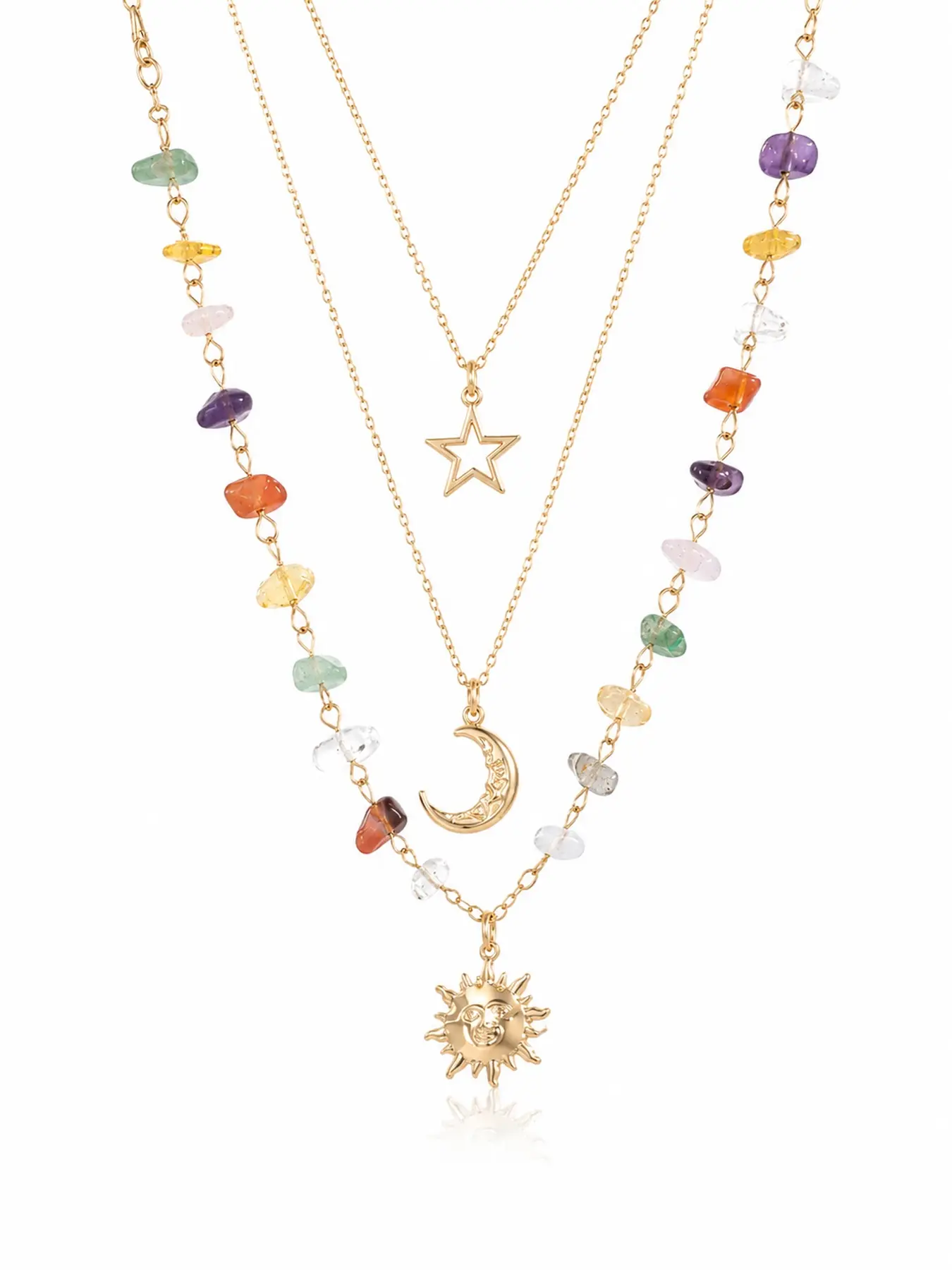 3PCS Layered Sun Moon Star Necklace Set for Women, Colorful Crystal Beaded Pendant Necklaces, Boho Celestial Jewelry Gift