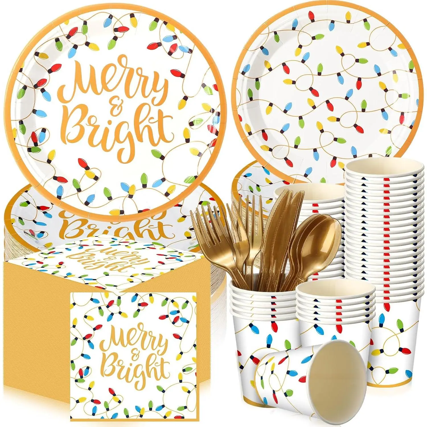 240 count Christmas Paper Plates and Napkins Serve 30 Guests Christmas Party Supplies Disposable Xmas Tableware Set Plates Napkins Cups with  Fork Spoon(White,Christmas Lights Style)