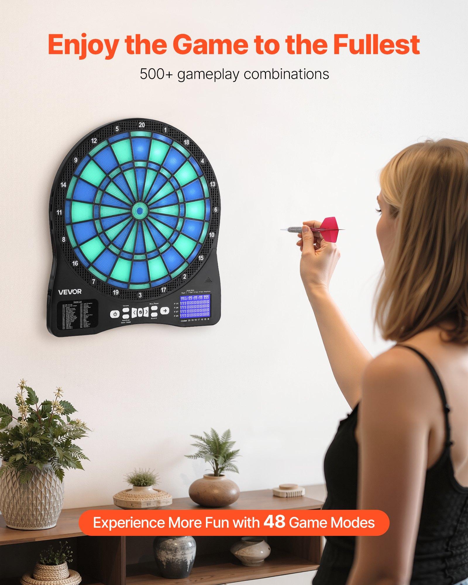 VEVOR Electronic Dart Board, LED-Illuminated Target Dartboard with 48 Games & 500+ Variations, Includes 6 Dart Shafts with Flights & 50 Soft Tips, Cricket Scoring LCD Screen - Supports Up to 8 Players VEVOR Electronic Dart Board, LED-Illuminated Target Dartboard with 48 Games & 500+ Variations, Includes 6 Dart Shafts with Flights & 50 Soft Tips, Cricket Scoring LCD Screen - Supports Up to 8 Players