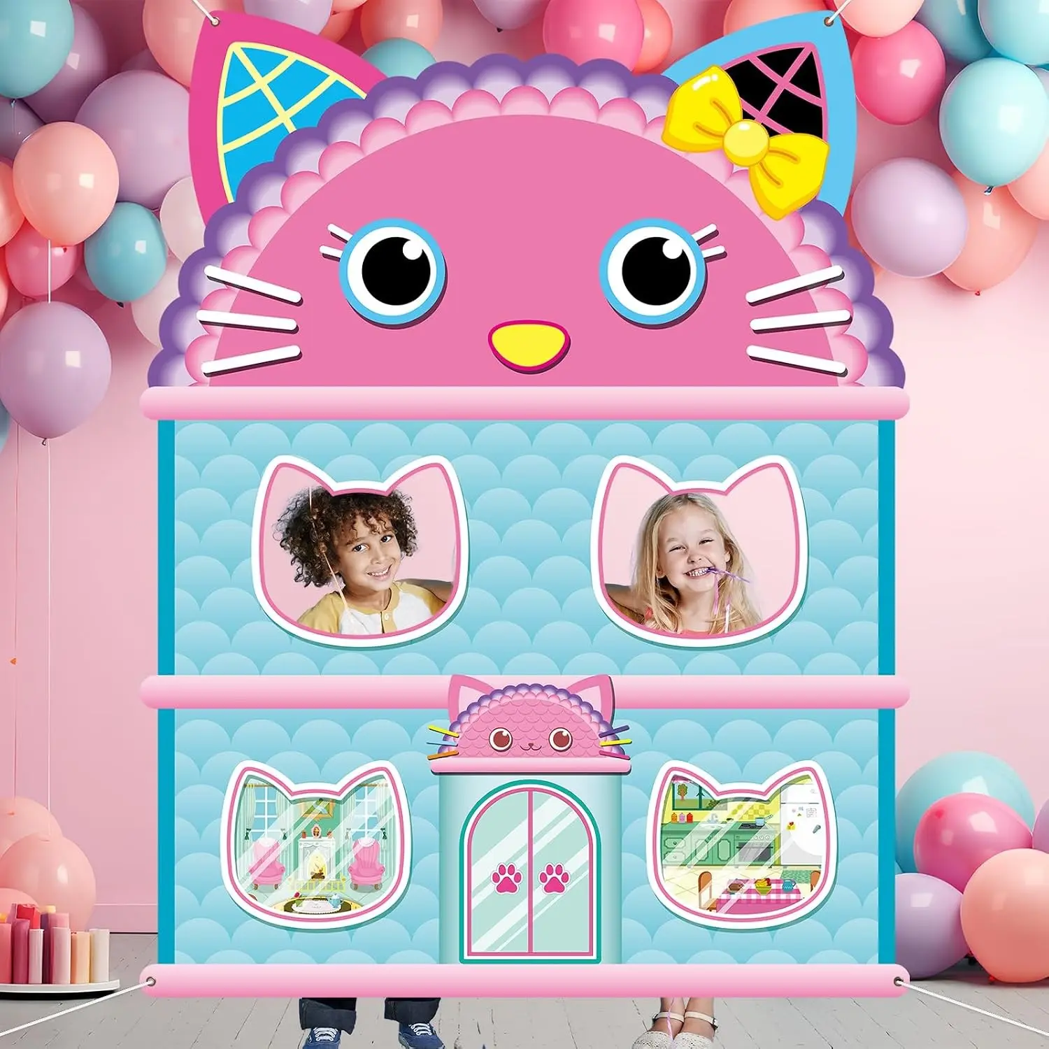 Cartoon Cat House Theme Background, Cute Cat Photo Booth Banner, Birthday Party Decorations, Small Cat Party Backdrop, Baby Shower Props