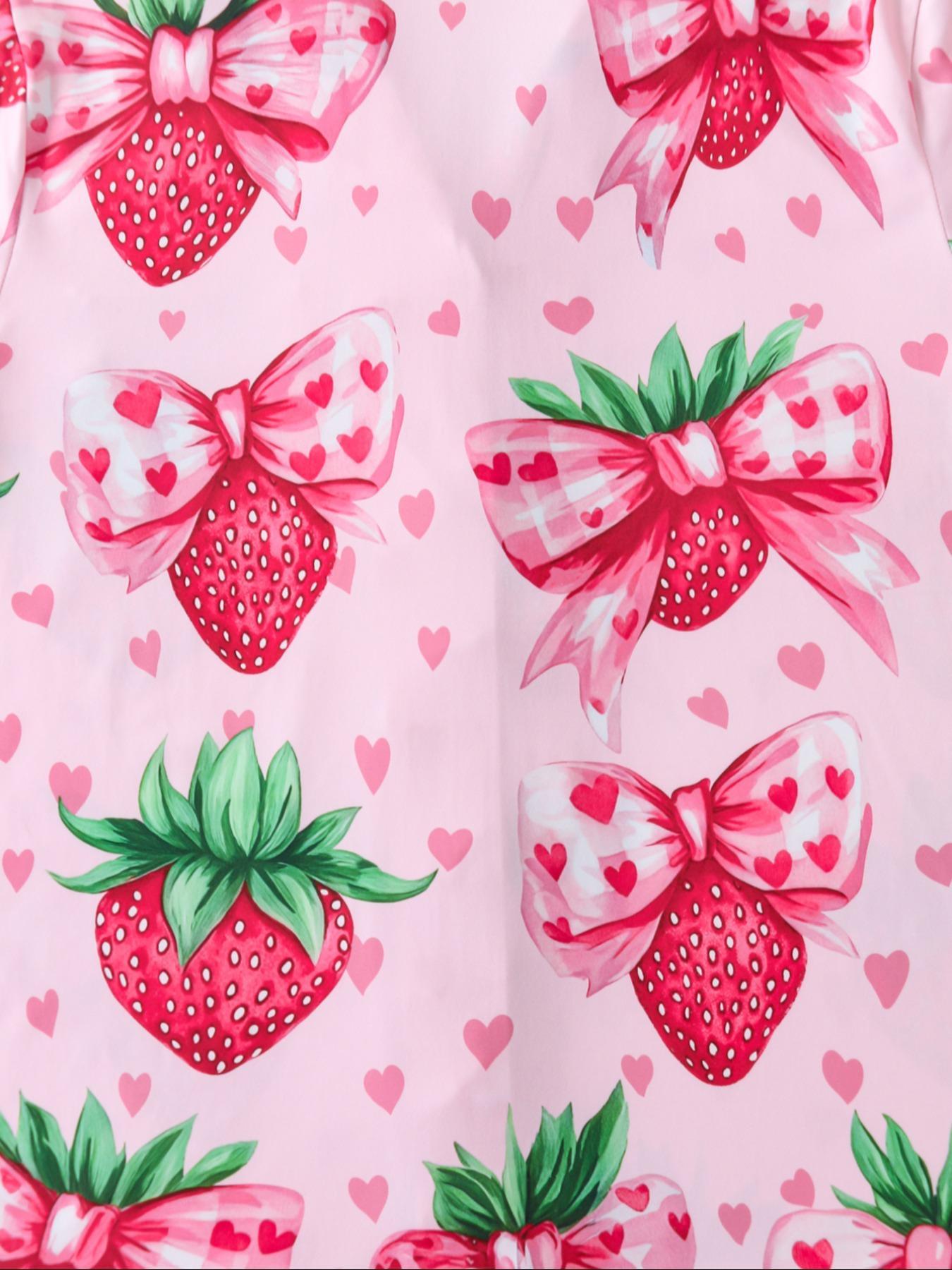 Women's Strawberry & Heart Print Lapel Neck Shirt & Shorts Matching Pyjama Two-piece Set, Ladies Sleepwear for All Seasons, Loungewear, Pajamas