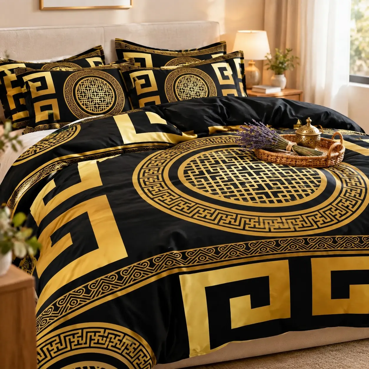 European Style Bedding Set, High-End Greek Key Print Duvet Cover and Pillowcase Combo, Luxurious and Elegant, Multiple Sizes