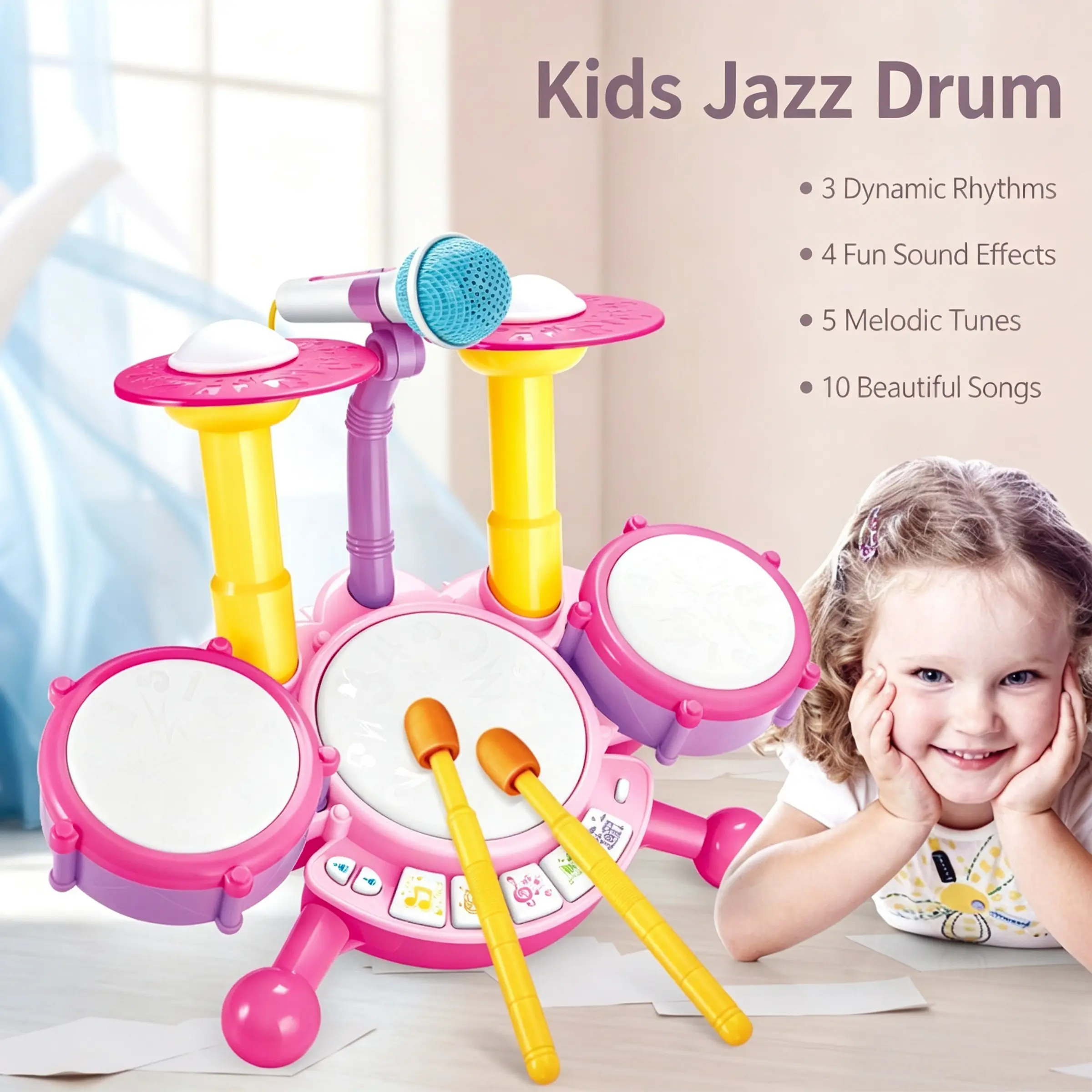 Interactive Drum Set with Microphone and Sticks, Perfect Birthday Christmas Gift, Fun Music Desk Drums for Kids