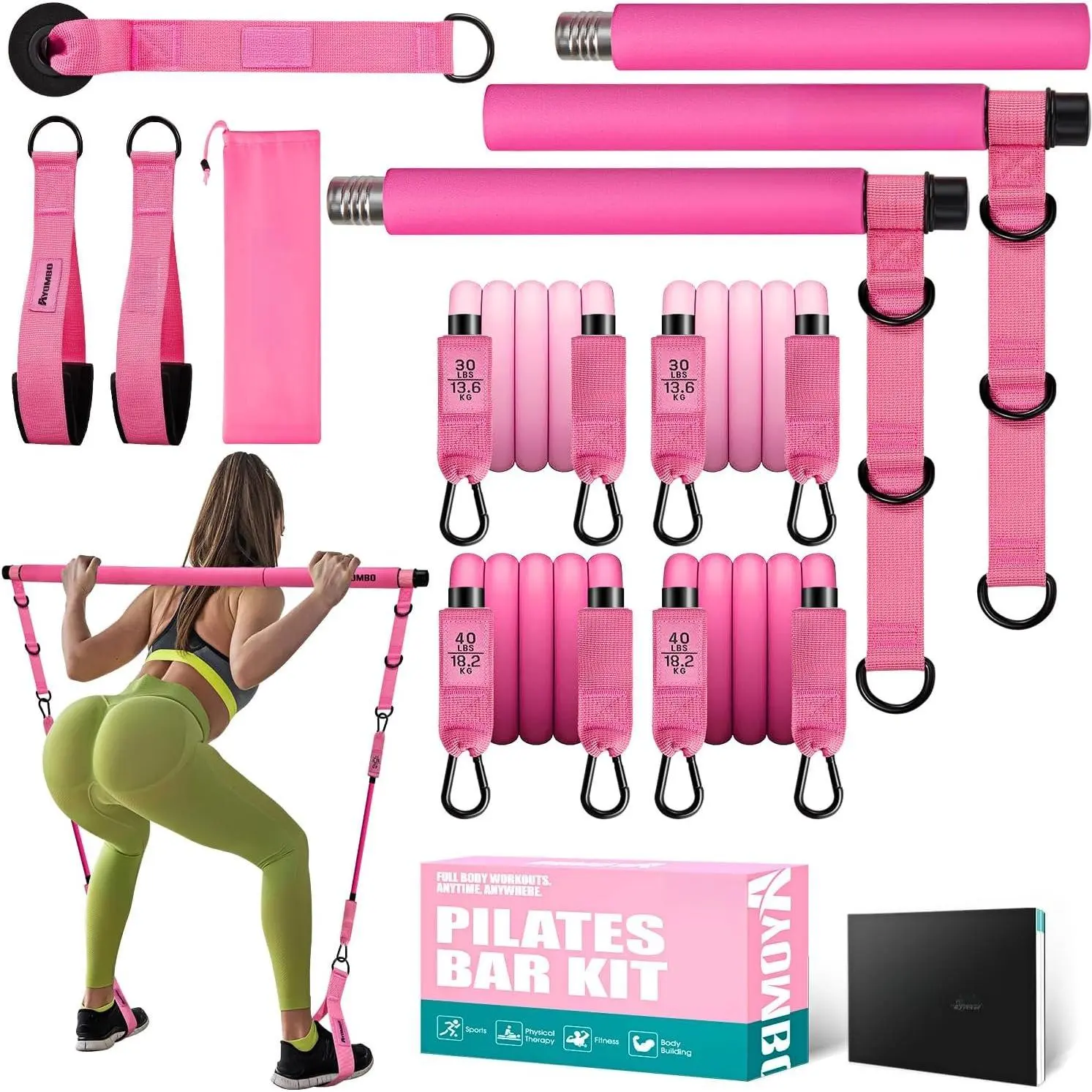 Pilates Bar Kit with Resistance Bands, Pilates Workout Equipment for , , , Arm, Squats Exercise Equipment for  Workouts, Adjustable 3-Section Pilates Bar Kit for Women & Men