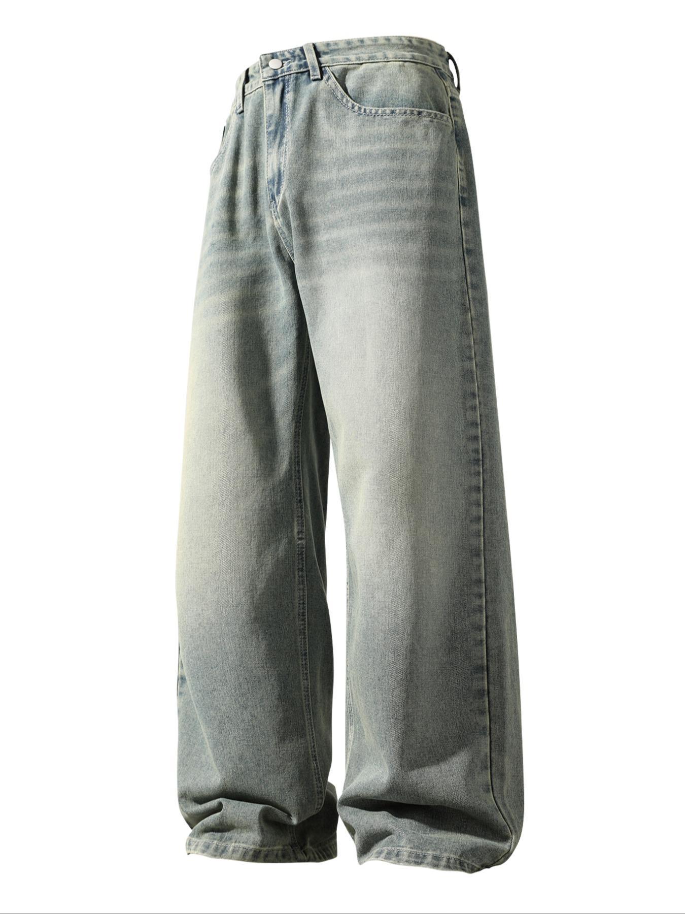 Men's Solid Color Denim Jeans, Loose Casual Comfy Wide Leg Trousers for Daily Wear, Woven Bottoms for All Seasons, Jean Pants Bottoms