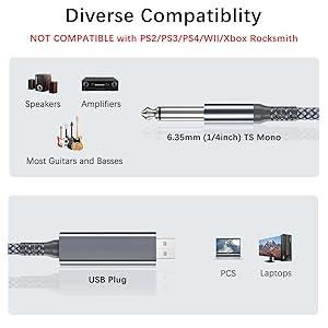 USB Guitar Cable 6.6FT,1/4 Inch TS Instrument Cord,USB A to 6.35mm Male Jack Stereo Audio Interconnect Wire Line for Electric Guitar,Bass,Keyboard,Mixer,Amplifier,Amp,Speaker,Equalizer, Feet