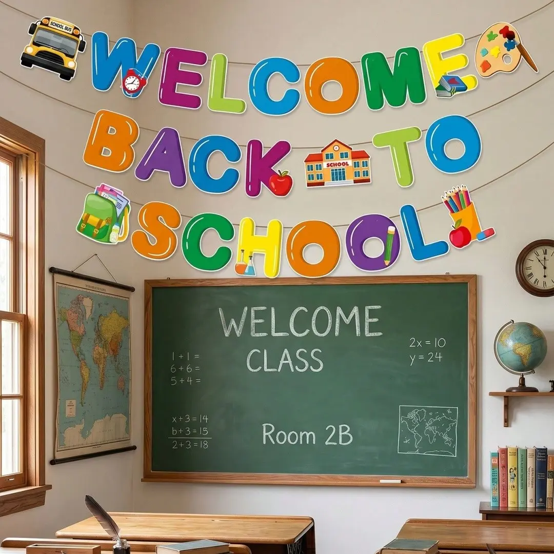 Welcome Back School Theme Banner Classroom Decorations, Kids Campus Party Supplies, Perfect for First Day, Back-To-School Night, End-Of-Term Parties
