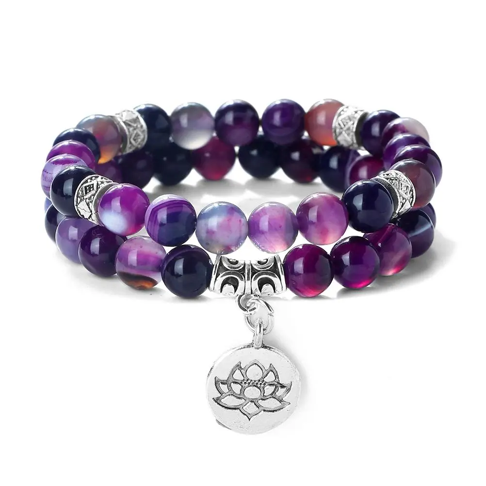 Natural Stone Bracelet Set with Lotus Charm Beads, 19cm Elastic Bangle, Handwoven Rope Rosary Prayer Jewelry for Women, Casual Wear Multiple Sets, Round Beads