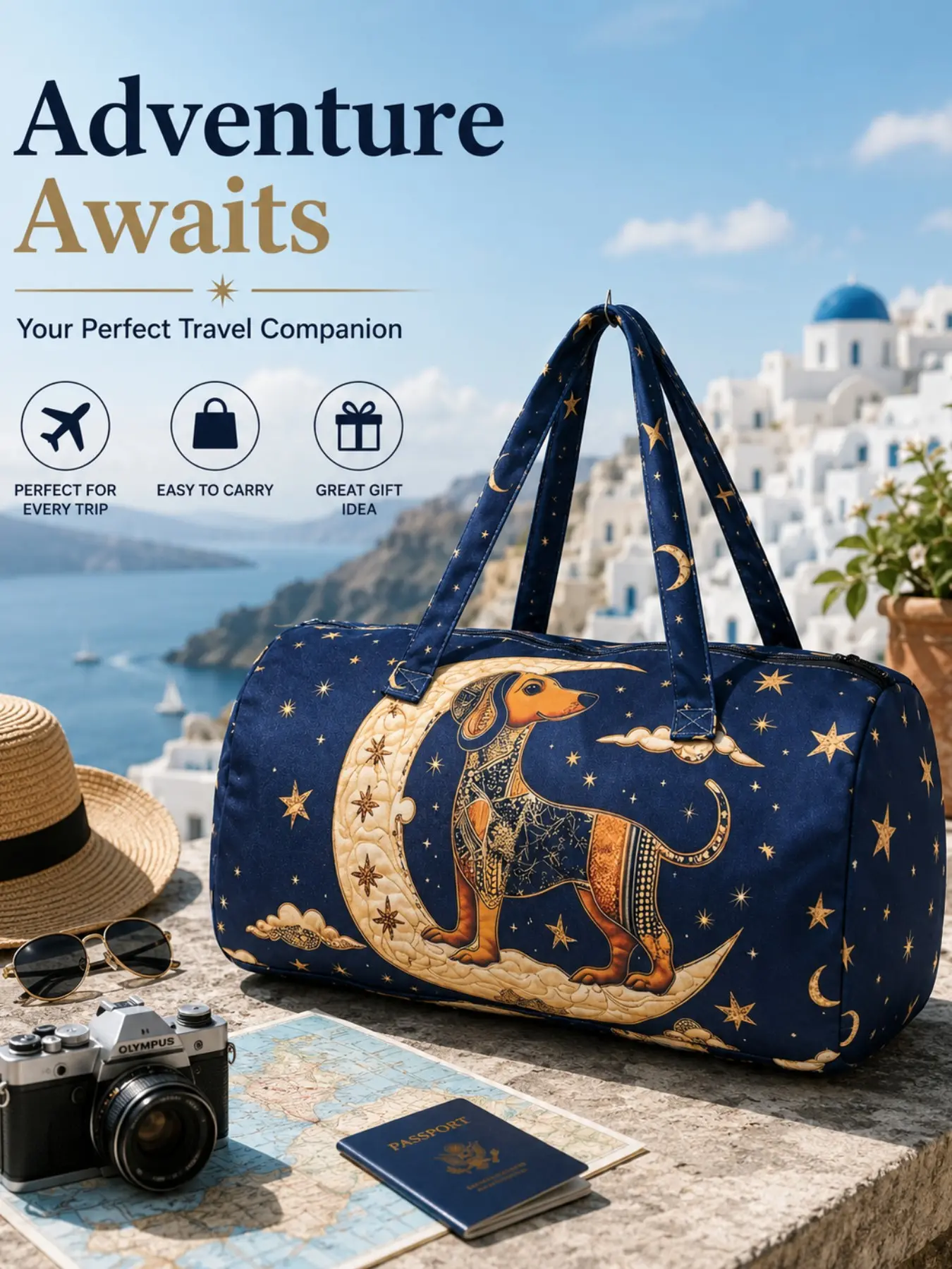 1 Piece Navy Star Moon Dachshund Duffle Weekender Bag, Matching Starry Print Reinforced Handles Smooth Zipper Large Capacity Tote for Dog Lovers, Vacation, Gym & Camping