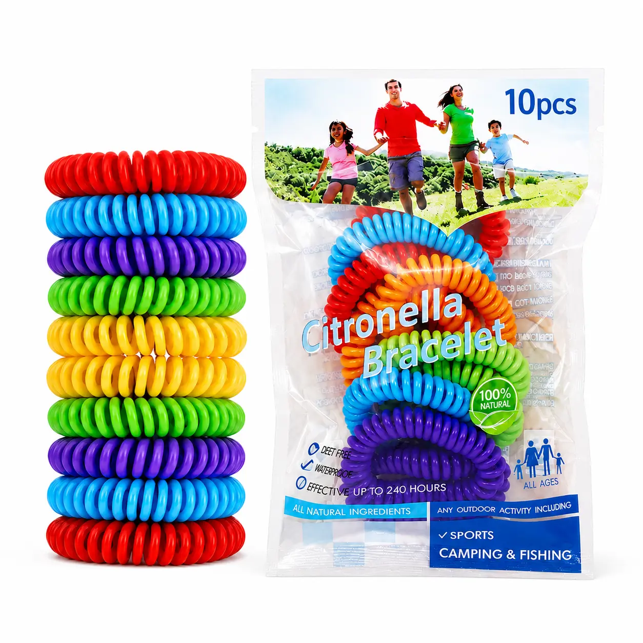 Unisex Elastic Mosquito Repellent Bracelets - DEET-Free Natural Essential Oils Bug Bands, 10-Count Individually Wrapped Flexible Adjustable Waterproof Bands for Kids, Camping Hiking Outdoor Protection (1 Size Fit All)