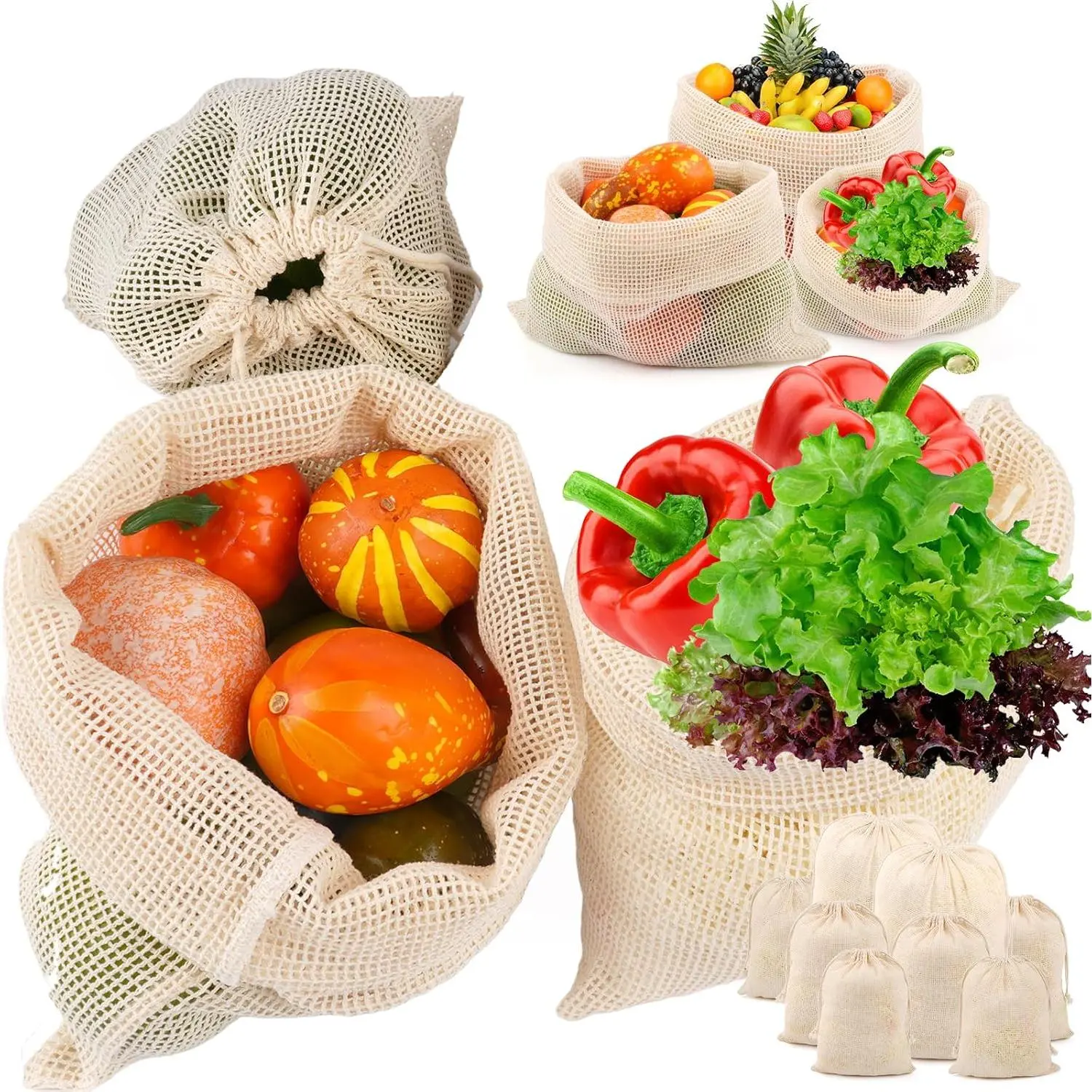 8 Pack Reusable Produce Bags Grocery Washable, Cotton Mesh Vegetable Bags for Refrigerator Grocery Fruits and Veggies Shopping, Transporting Storing (2XL,2L,2M,2S)