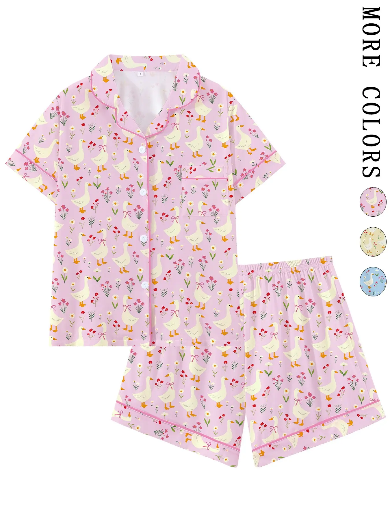 Adorable Goose Butterfly Knot Animal Print Pajama Set Pjs Pyjamas, Short Sleeve Loose-Fitting Sleepwear Loungewear, Home Leisure Wear, Comfortable for Home & Travel, Perfect Gift