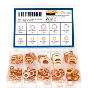 200 count 9 Sizes  Copper Metric Sealing Crush Washers  Kit,Flat Sealing Washer M5 M6 M8 M10 M12 M14,Flat Ring Sump Plug Oil Seal Gasket Sealing Fitting Washers for Industrial,Household