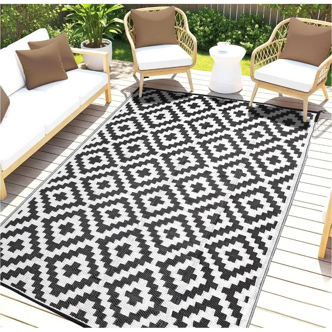 Outdoor Rugs, Outdoor Plastic Straw Rug, Reversible  Carpet for Camping, Poolside, Garden, BBQ Area, Gazebo Flooring, RV Park & Beach, Square , Black & White, 5'x8'
