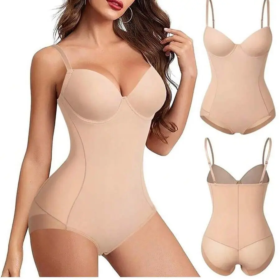 Women Underwire Bust Support Bodysuit Shapewear, Adjustable Thin Straps Tummy Control Waist Cincher, Butt Lifting Shaper with Built‑in Bra for Daily Wear
