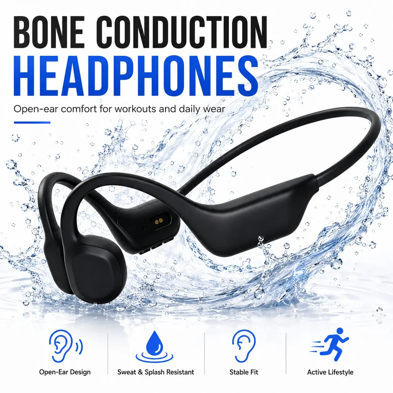 Bone Conduction Bluetooth Headphones, Open-Ear Wireless Sports Earphones with Secure Fit, IPX5 Water-Resistant for Cycling, Gym & Fitness