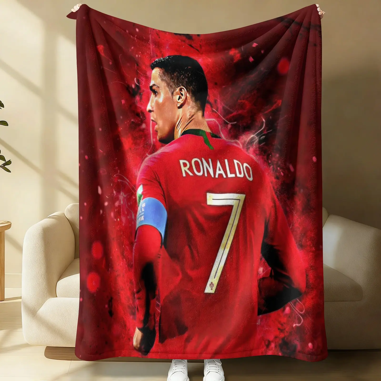 Cristiano Ronaldo No.7 Portugal Football Flannel Blanket, Full of Football Passion & Dynamic Vitality, Red Smoke Jersey Back Print Full of Football Passion,Ultra Soft Warm Multi-use Fleece, Indoor Decor Gift for CR7 Soccer Fans, Graphic Throw Blanket