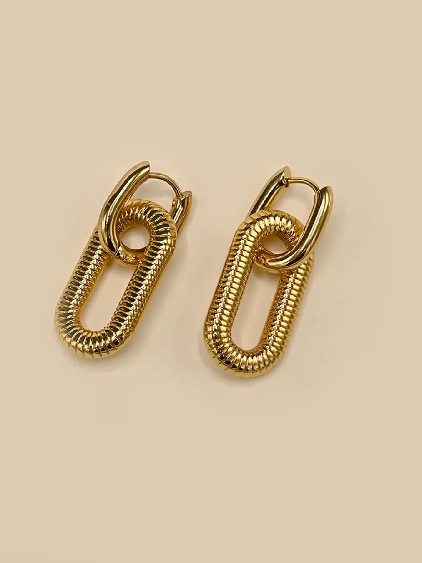Gold Textured Paperclip Chain Huggie Earrings, Double Link Geometric Dangle Hoop Earrings Trendy Women Jewelry