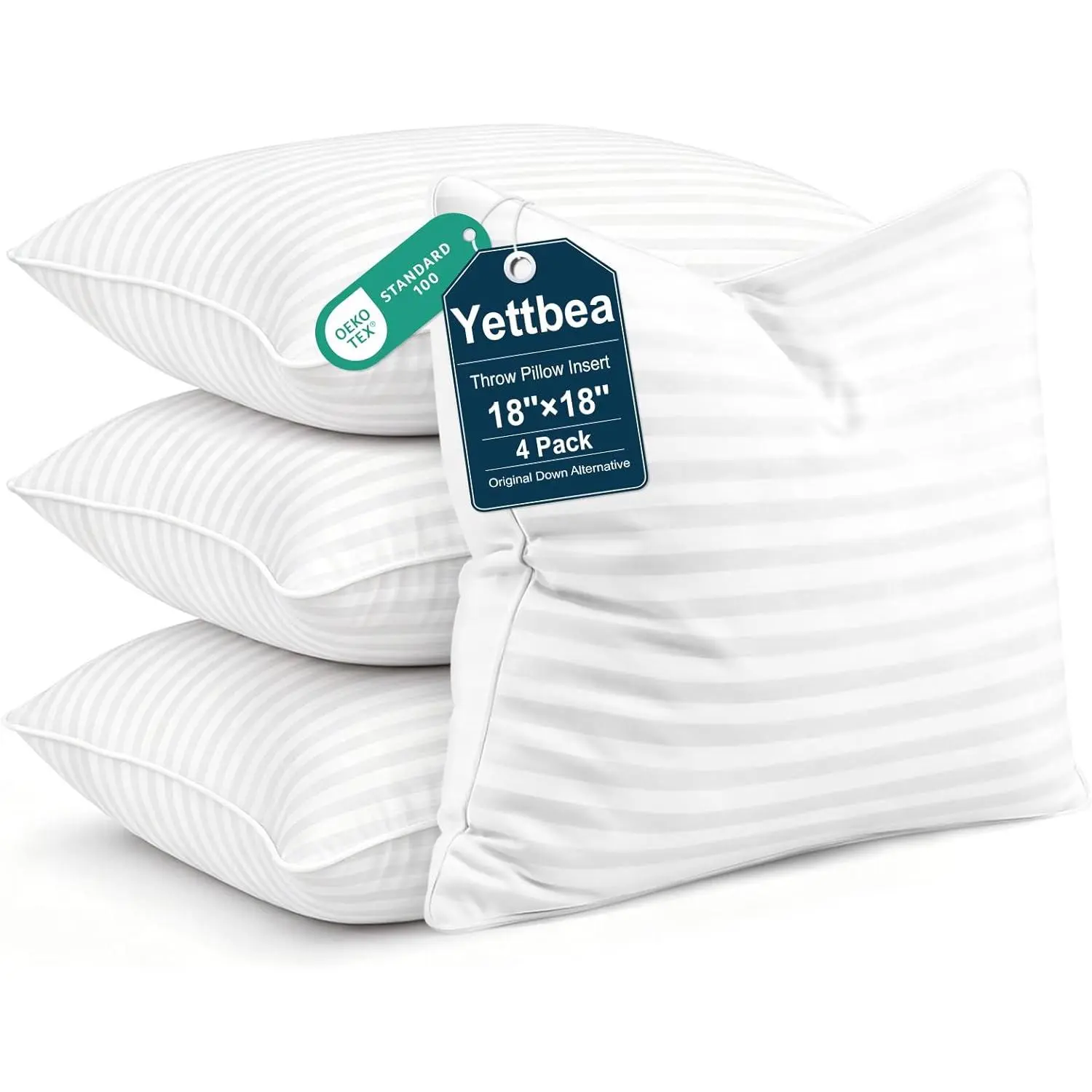 18x18 Inches Pillow Inserts Set of 4- Soft Down Alternative Fill, Decorative Throw Pillows for Couch, Beofa, Supportive White Striped Bedroom Pillow Forms