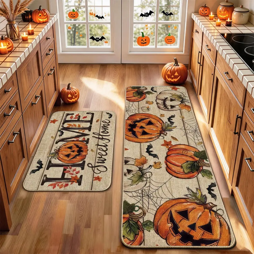 2Pcs Holloween Kitchen Rug Mat BOO! Terrifying Skeleton Horror Pumpkin Bat Spider Web Wizard Floor Mat Set Farmhouse Kitchen Rug Non Slip Restaurant Floor Dining Room Laundry Room Decor Carpet Mat Fall Decor Home Decor Rug Kitchen Floor Mats