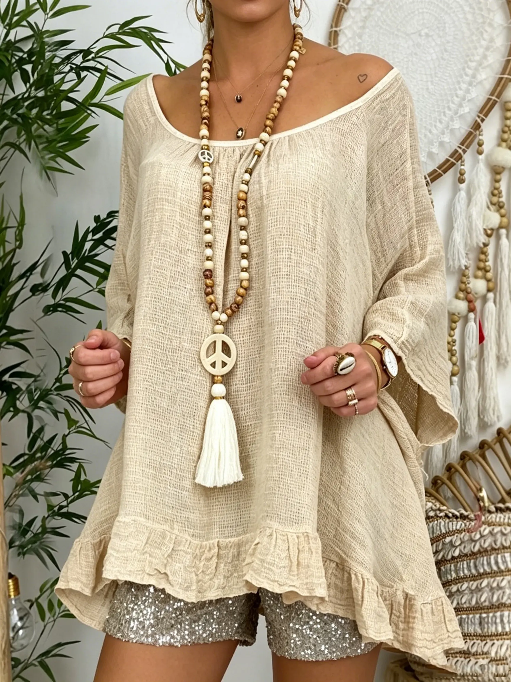 Hippie Boho Peace Sign Pendant Wooden Bead Tassel Detail Long Chain Sweater Necklace, Fashion Pendant Necklace, Women's Beach Festival Jewelry Accessories, Layer Accessory