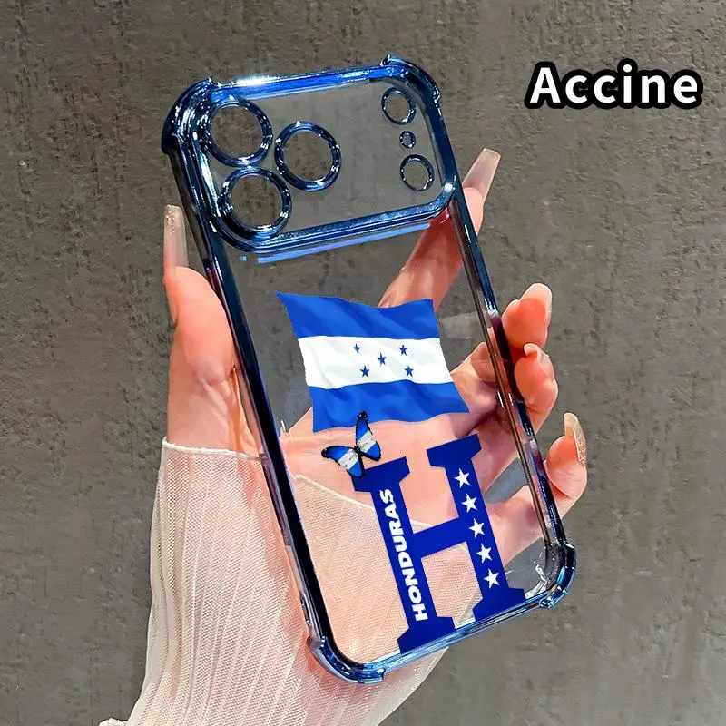 Electroplating Transparent Silicone Phone Case - Honduras Flag Pattern for iPhone 17 Pro Max,16,15 Plus,14,13,12,11,E - Shockproof Drop-proof Protection Casing Mobile Phone Accessories, Smartphone
