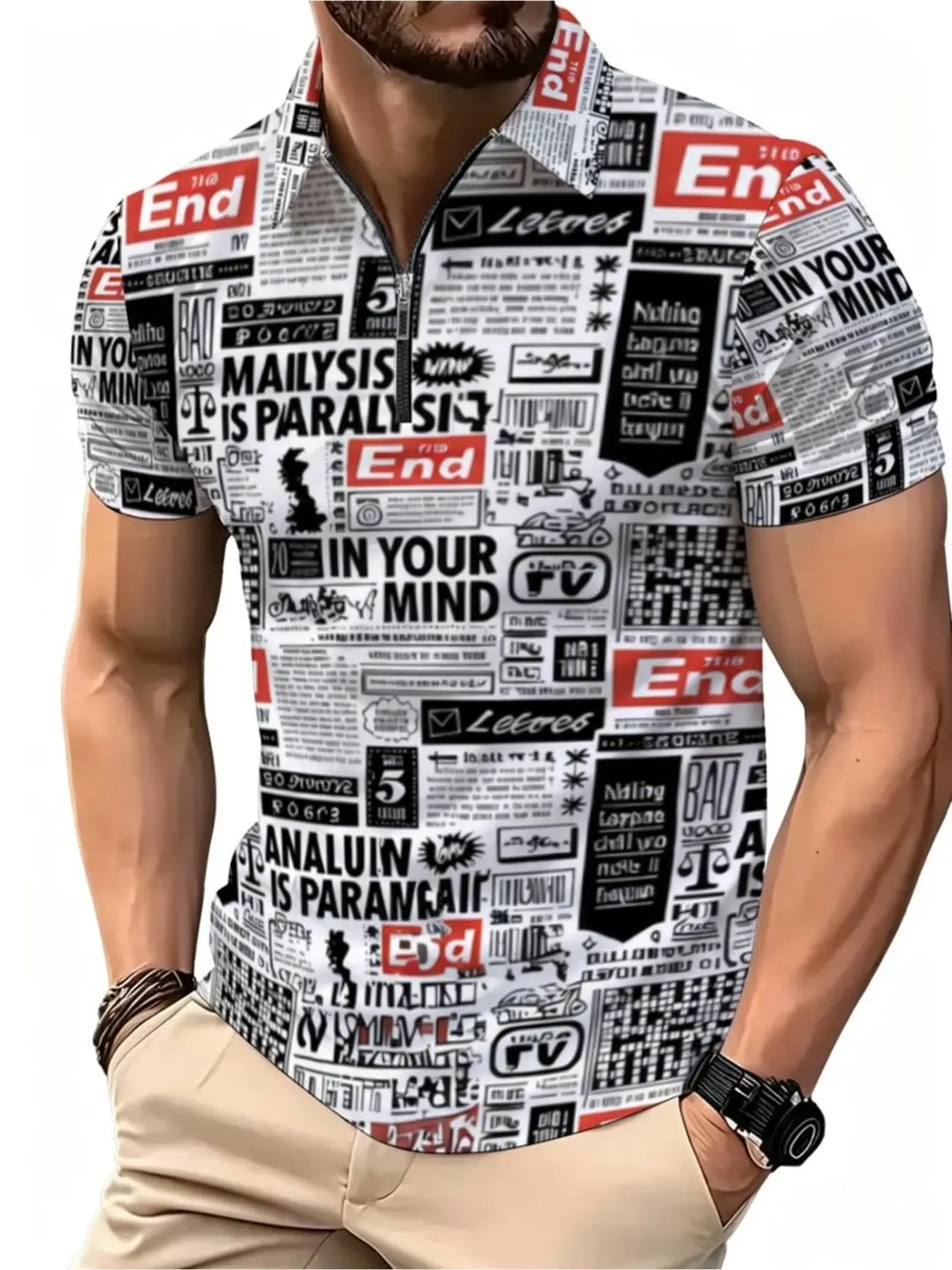 Men's Half Zip Lapel Short Sleeve Polo Shirt Sublimation Polyester Top Retro Newspaper Magazine Collage Text Letter All Over Graphic Print Casual Street Party Daily Holiday Wear Tee For Men