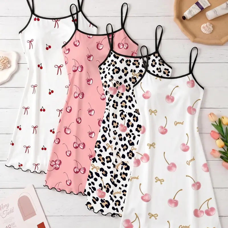 4-Pack Women's Spaghetti Strap Nightdresses, Bear & Bow All-Over Print Nightwear, Cute Loungewear for Spring & Summer Sleep Wear