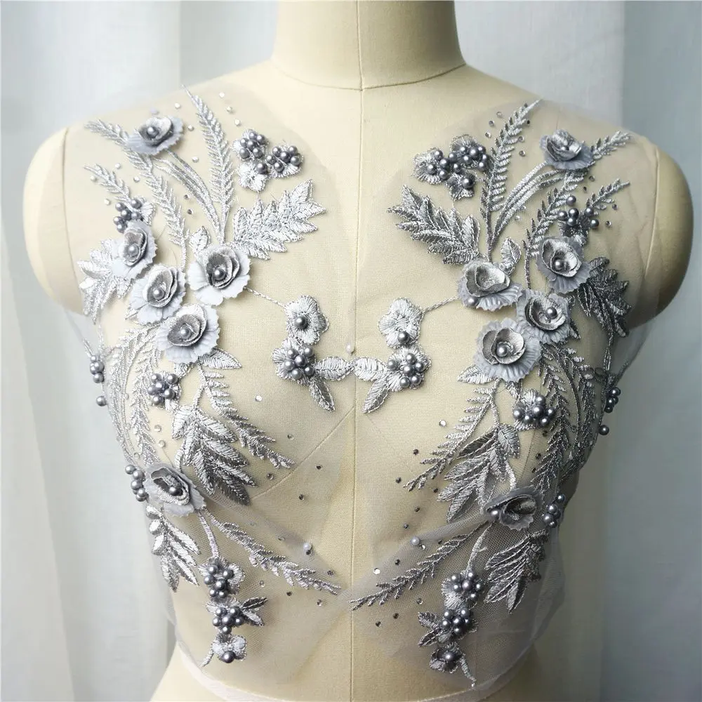2PCS Gray Embroidered Lace Fabric 3D Flower Tassel Beads Rhinestone Applique Sewing Patch For Wedding Gown Appliques Dress DIY Decor