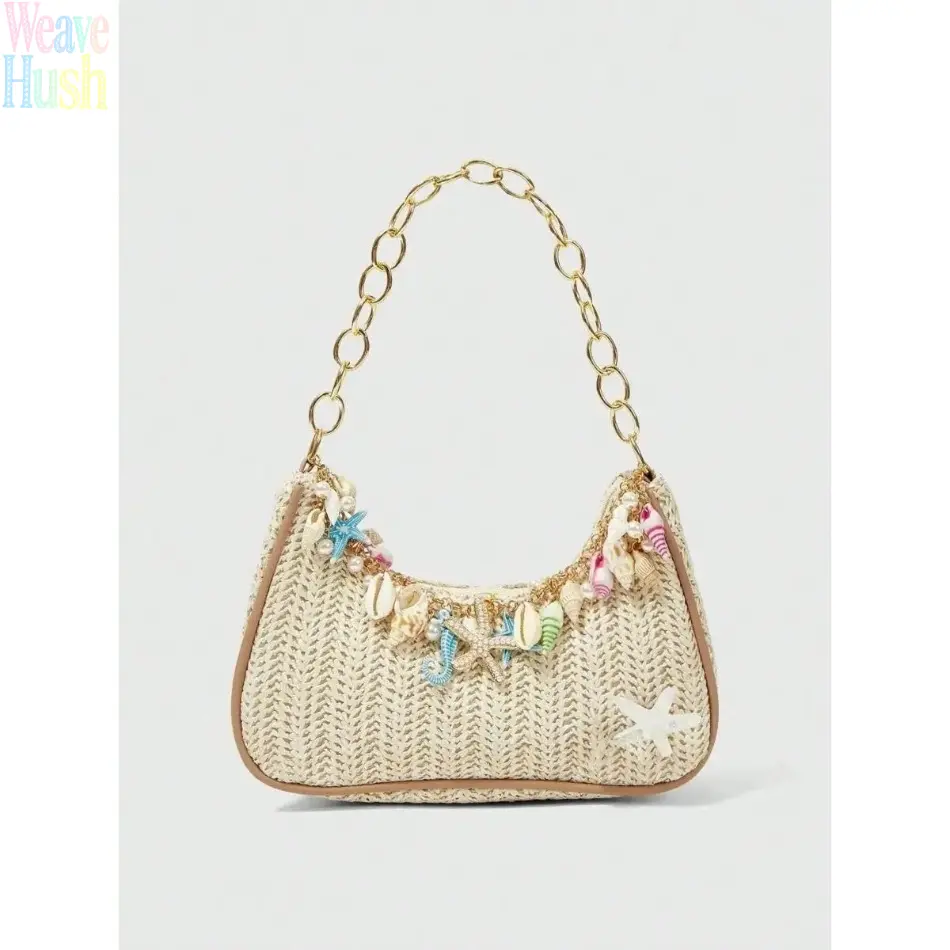 Women Woven Boho Crossbody Shoulder Bag, Chain Net Straw Tote with Seashell Pearl Decor, Lightweight Summer Beach Purse, Trendy Fashion Accessory for Vacation & Casual Summer Outfits  >