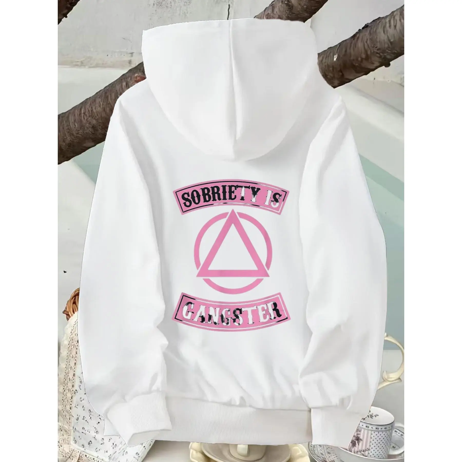 SOBRIETY IS GANGSTER White Hoodie with Pink Triangle Symbol - Stylish Long Sleeve Casual Wear, Perfect for Cozy Days, Unique Gift for Supportive Friends and Family