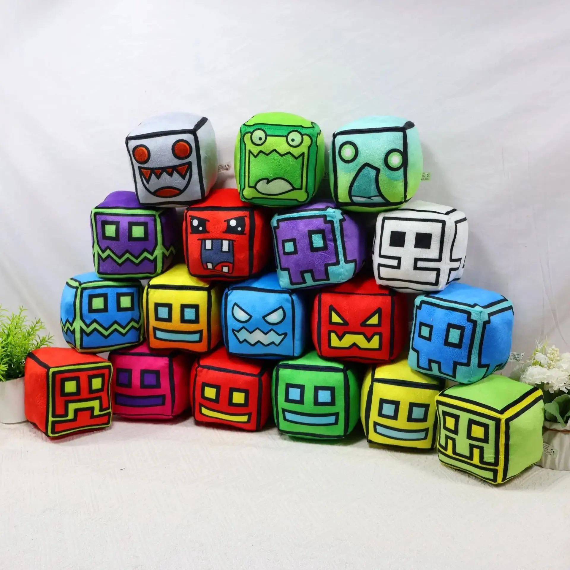 2026 Hot Geometry Dash Cube Plush Toy - Cute Pillows, Square Blocks, Game Theme Soft Toy with Plush Fabric, Small Stuffed Plushie Pendant, Home Decor, Children's Birthday Gift