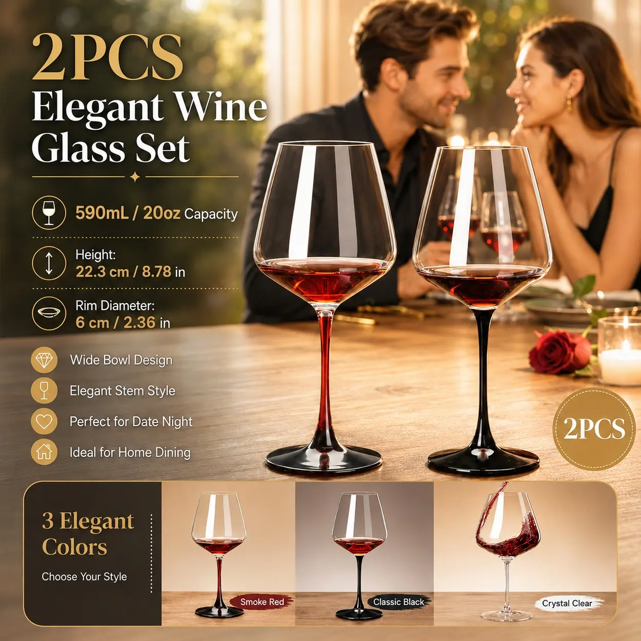 Premium 2 Pack Wine Glass Set, Clear Crystal Stemmed Wine Glasses 590ml Large Capacity Burgundy Glass for Red and White Wine, Elegant Modern Tableware with Smooth Rim and Stable Base, Perfect for Home Kitchen Dining, Wedding Events and Special Occasions