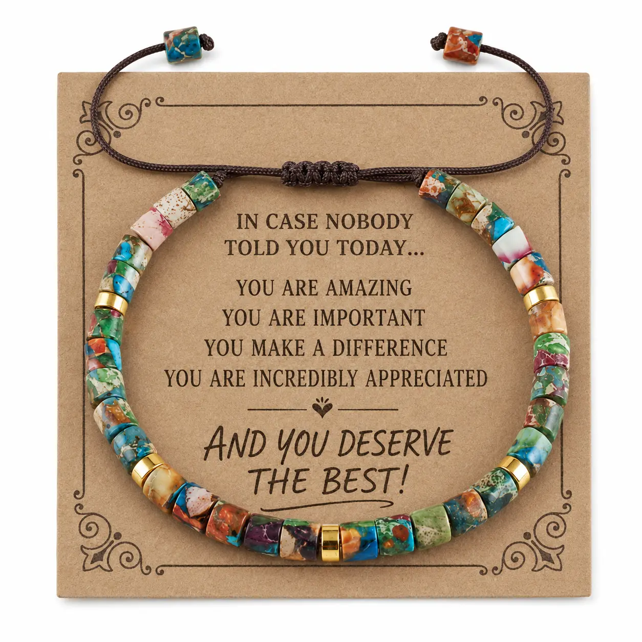 Women's Length Adjustable Natural Stone Bracelet - Multicolor Beads Tube Bead Mix, Gold-Tone Spacers, Handwoven Sliding Knot, Hypoallergenic Boho Jewelry Gift for All Seasons Everyday Wear (6.3-10.24 in)